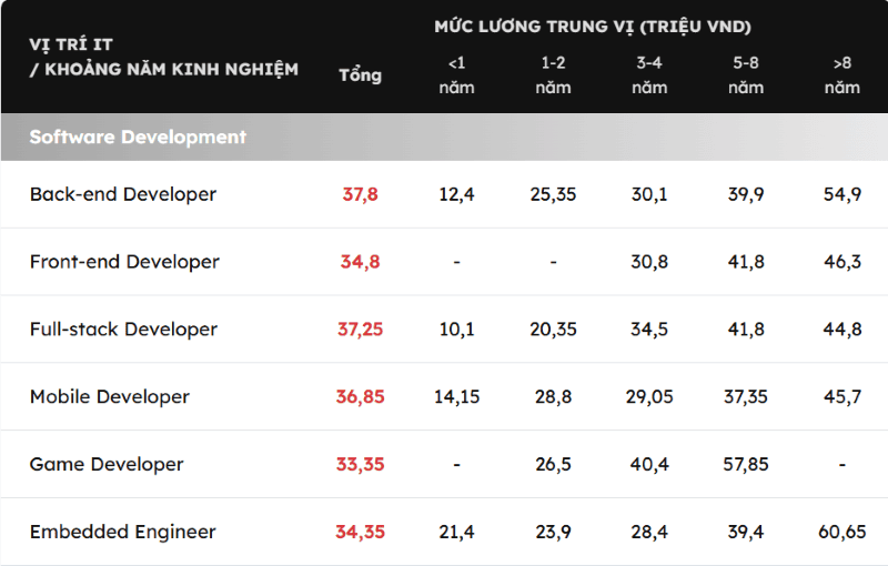 Mức lương của ngành Software Engineering